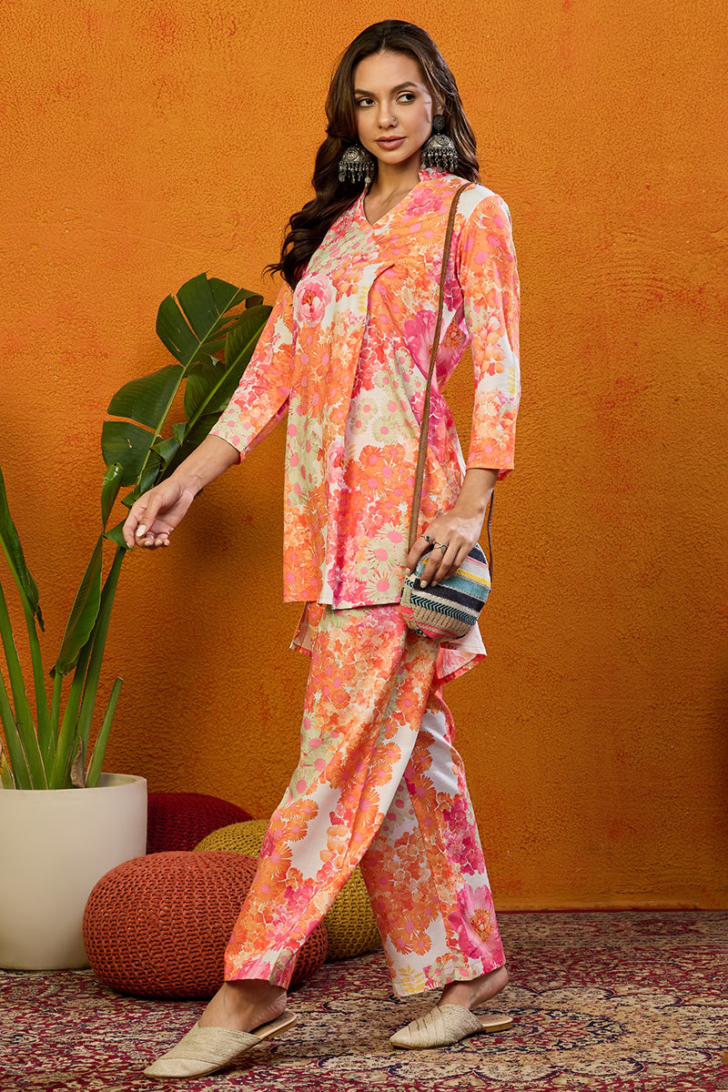 Orange-Rayon-Blend-Floral-Printed-Straight-Co-Ords-Set