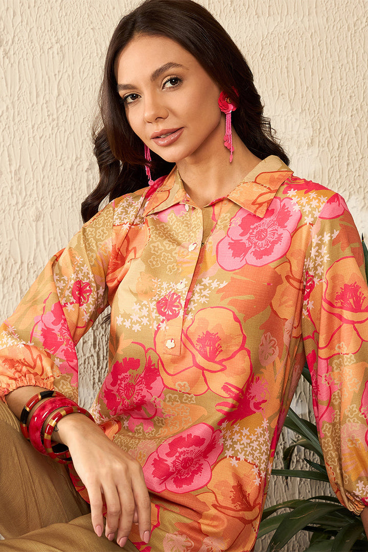 Orange-Rayon-Blend-Floral-Printed-Straight-Co-Ords-Set
