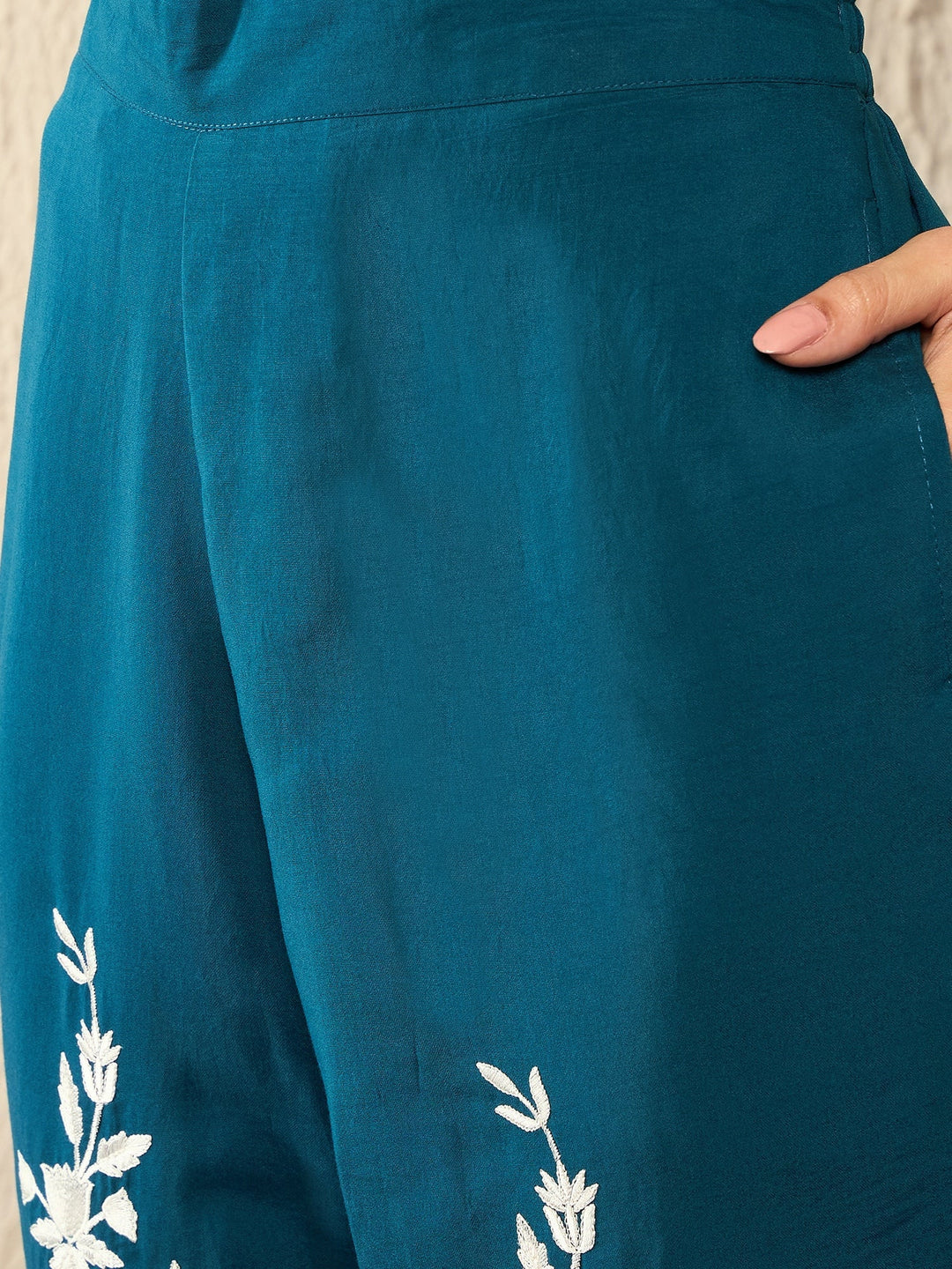 Blue-Silk-Blend-Solid-Embroidered-High-Low-Co-Ord-Set