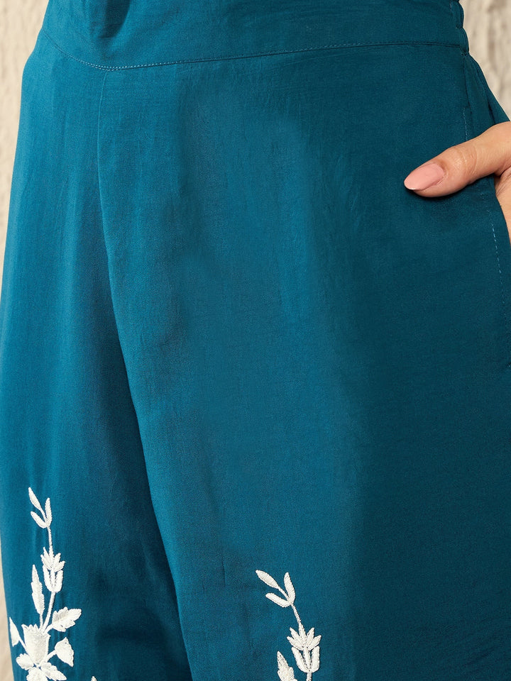 Blue-Silk-Blend-Solid-Embroidered-High-Low-Co-Ord-Set