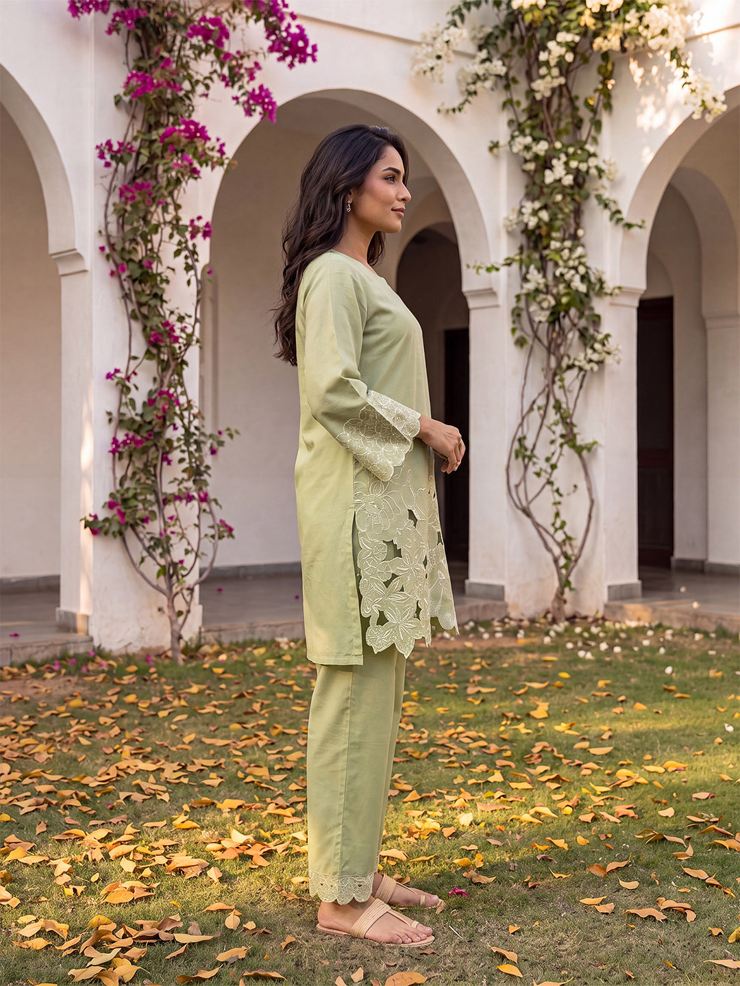 Green Embellished Silk Blend Round Neck Co-Ords