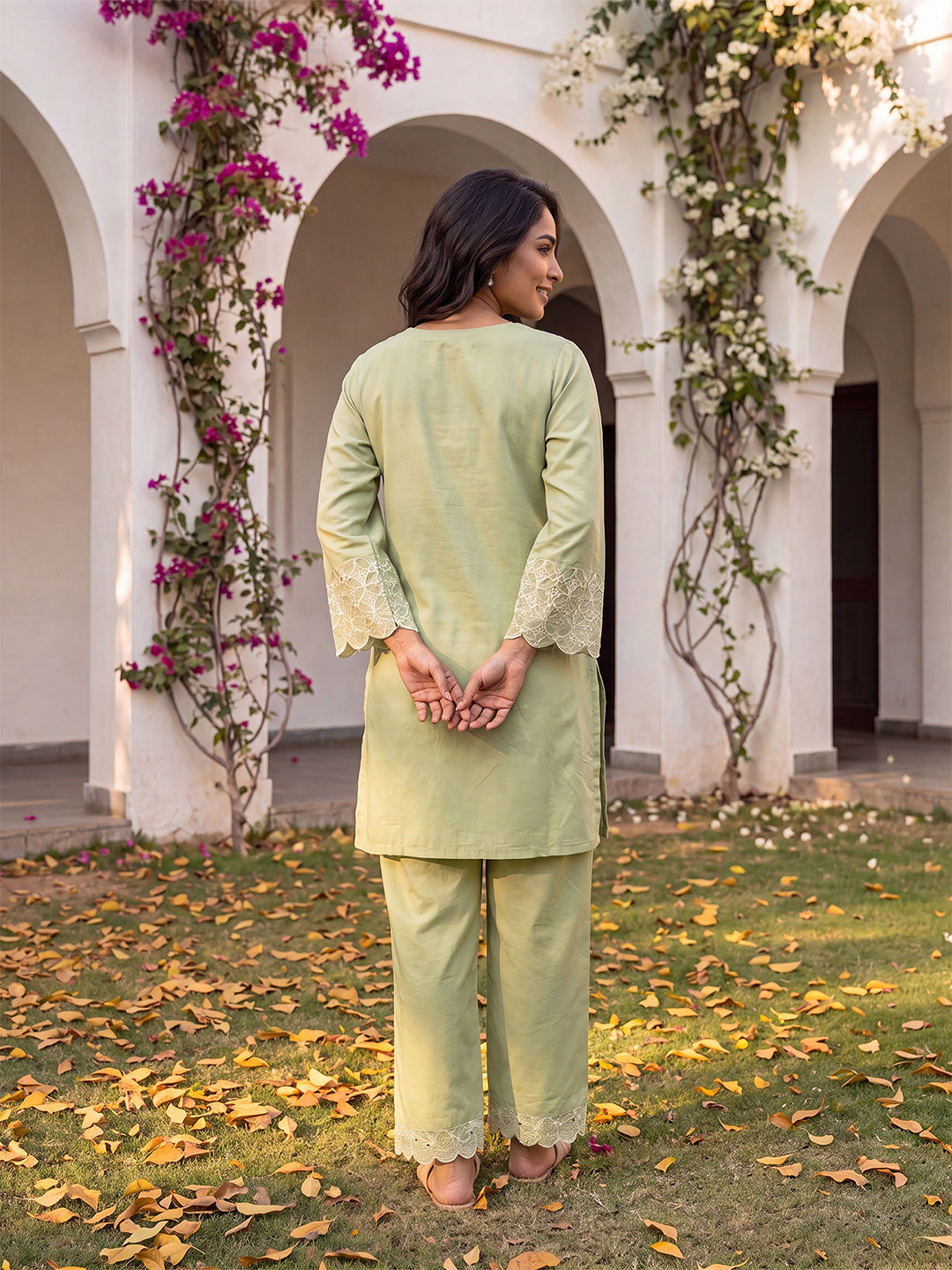 Green Embellished Silk Blend Round Neck Co-Ords