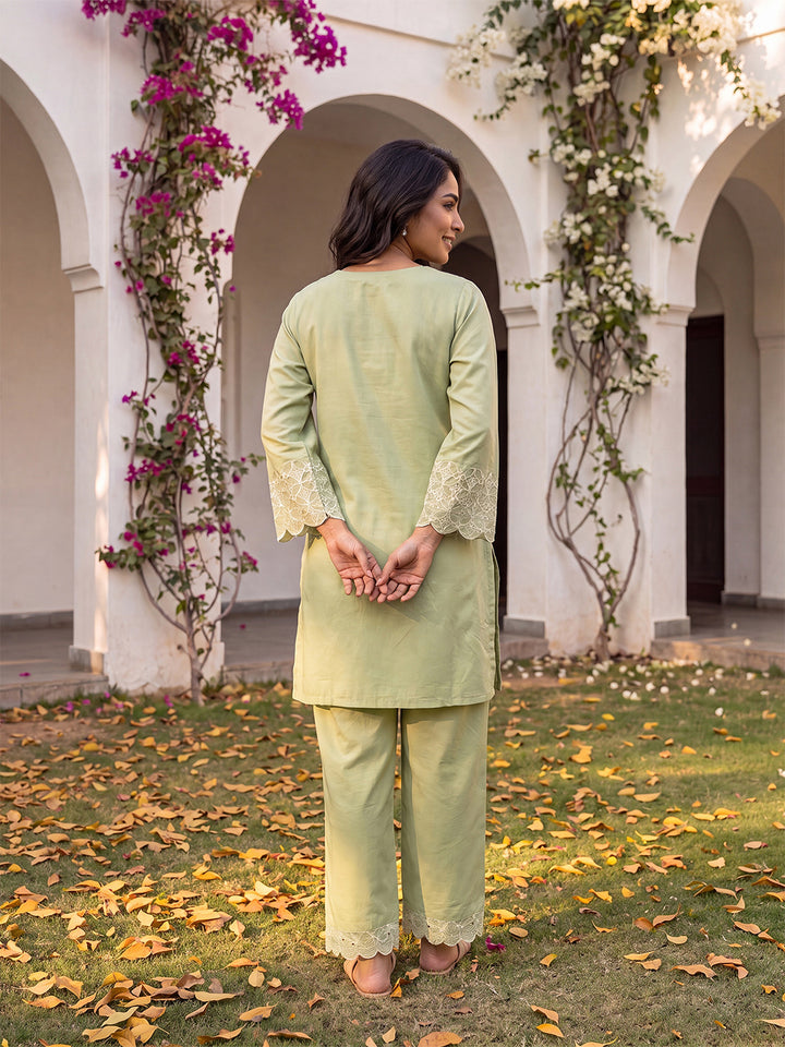 Green Embellished Silk Blend Round Neck Co-Ords