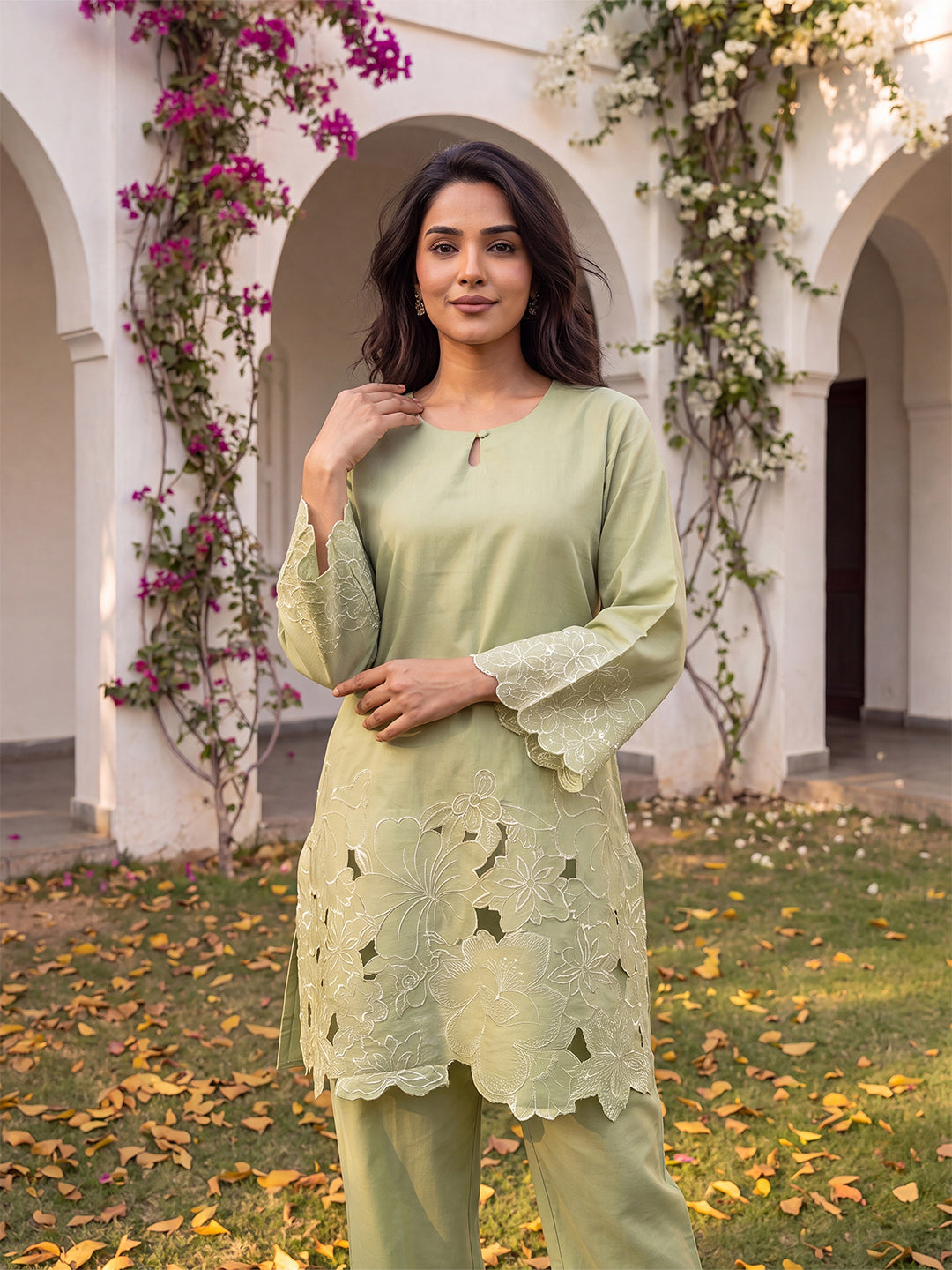 Green Embellished Silk Blend Round Neck Co-Ords