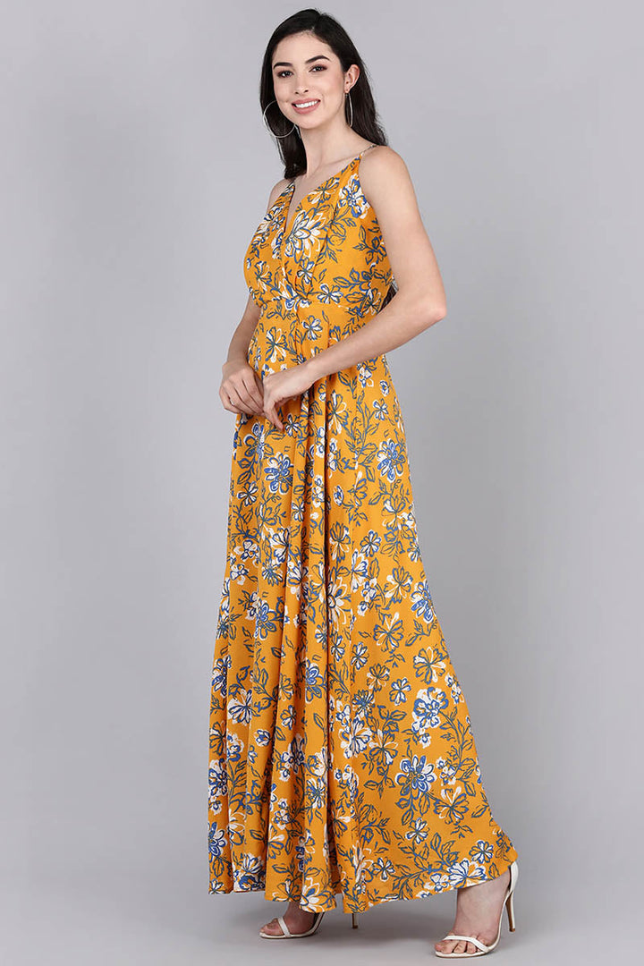 ZERESOUQ-Mustard-Polyester-Printed-Strappy-Dress-with-Front-Leg-Slit