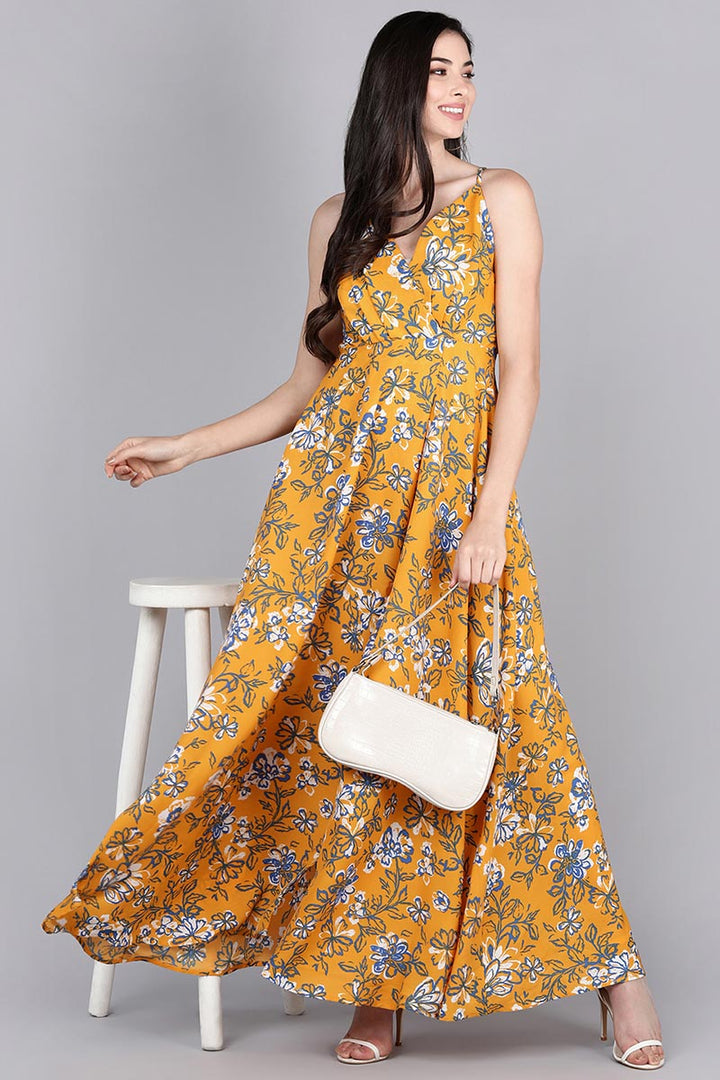 ZERESOUQ-Mustard-Polyester-Printed-Strappy-Dress-with-Front-Leg-Slit