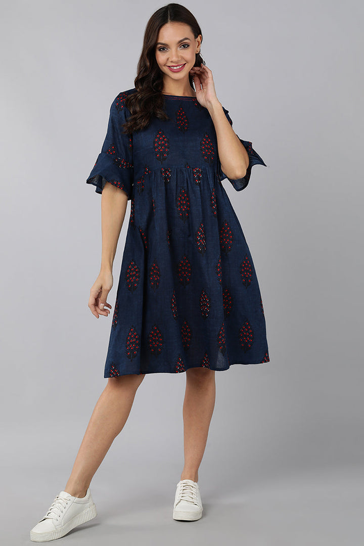 Navy Blue Cotton Ethnic Printed Short Dress with Boat-Neck