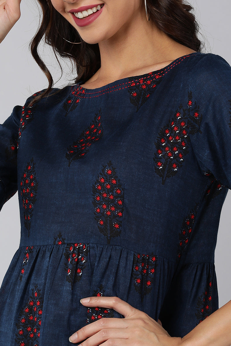 Navy Blue Cotton Ethnic Printed Short Dress with Boat-Neck