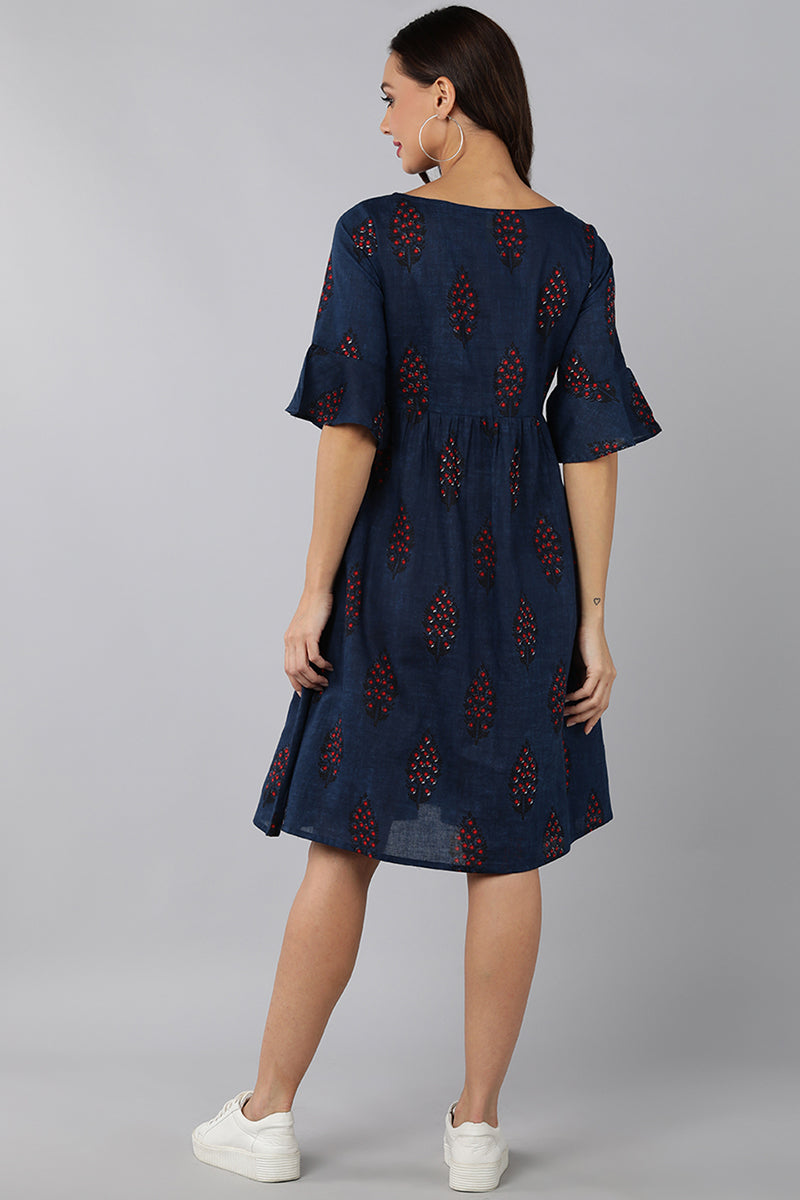 Navy Blue Cotton Ethnic Printed Short Dress with Boat-Neck