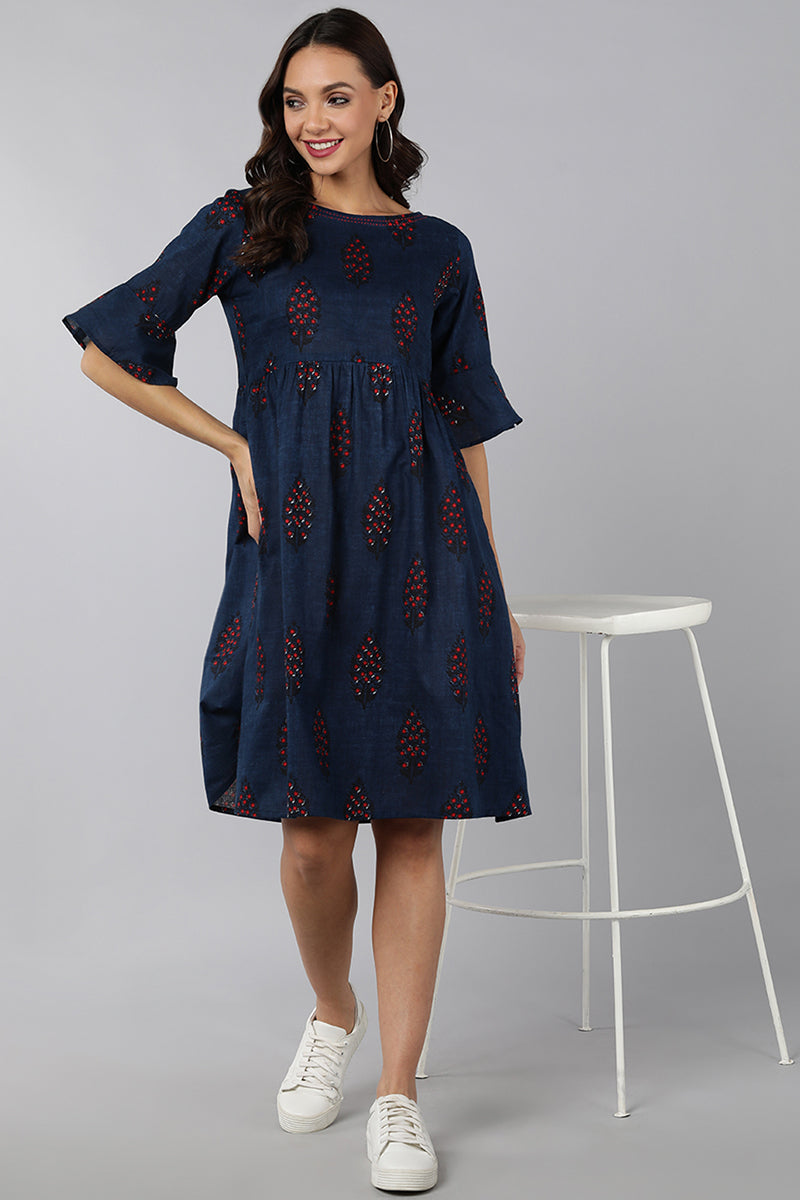 Navy Blue Cotton Ethnic Printed Short Dress with Boat-Neck