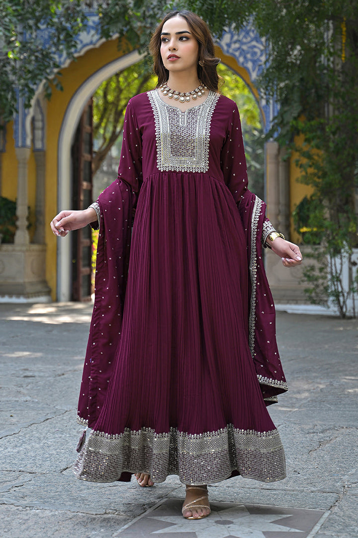 Magenta-Georgette-Solid-Yoke-Design-Sequined-Anarkali-Suit-Set