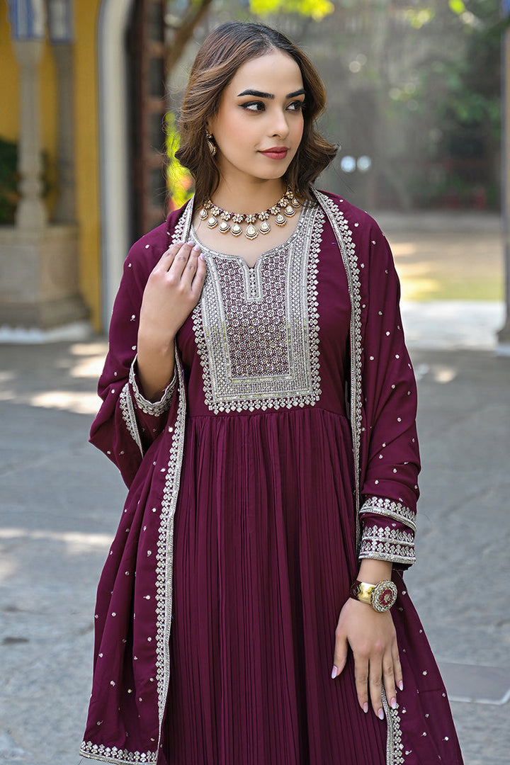 Magenta-Georgette-Solid-Yoke-Design-Sequined-Anarkali-Suit-Set