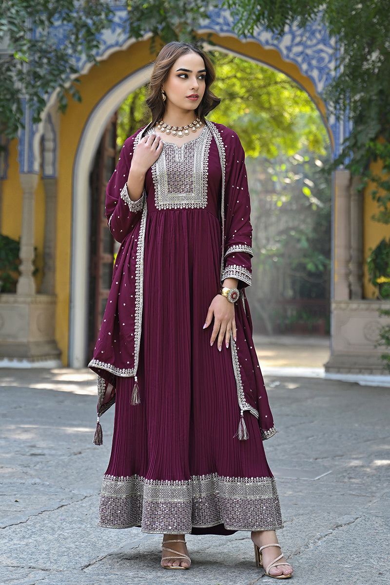 Magenta-Georgette-Solid-Yoke-Design-Sequined-Anarkali-Suit-Set