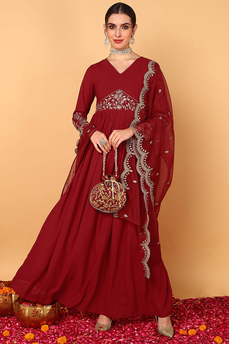 Red-Georgette-Zari-Embroidered-2-Piece-Anarkali-Set