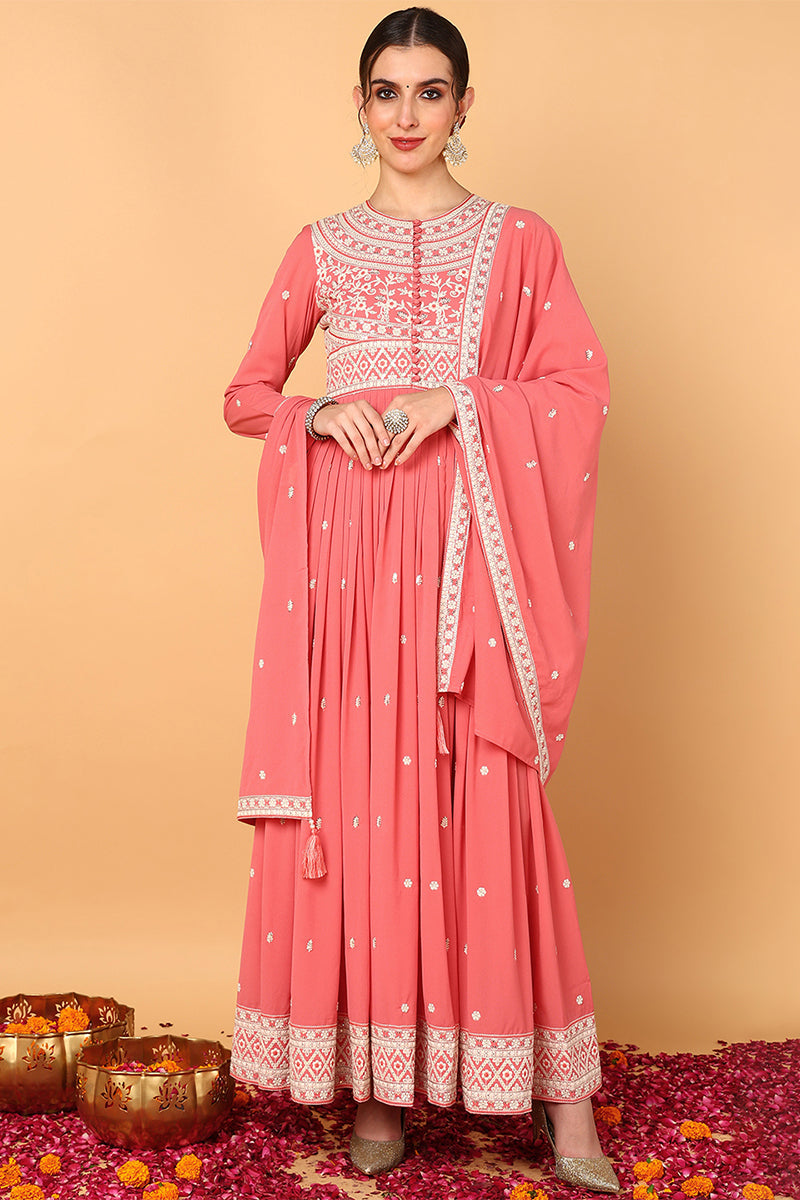 Pink-Georgette-Embroidered-Thread-Work-Anarkali-Set