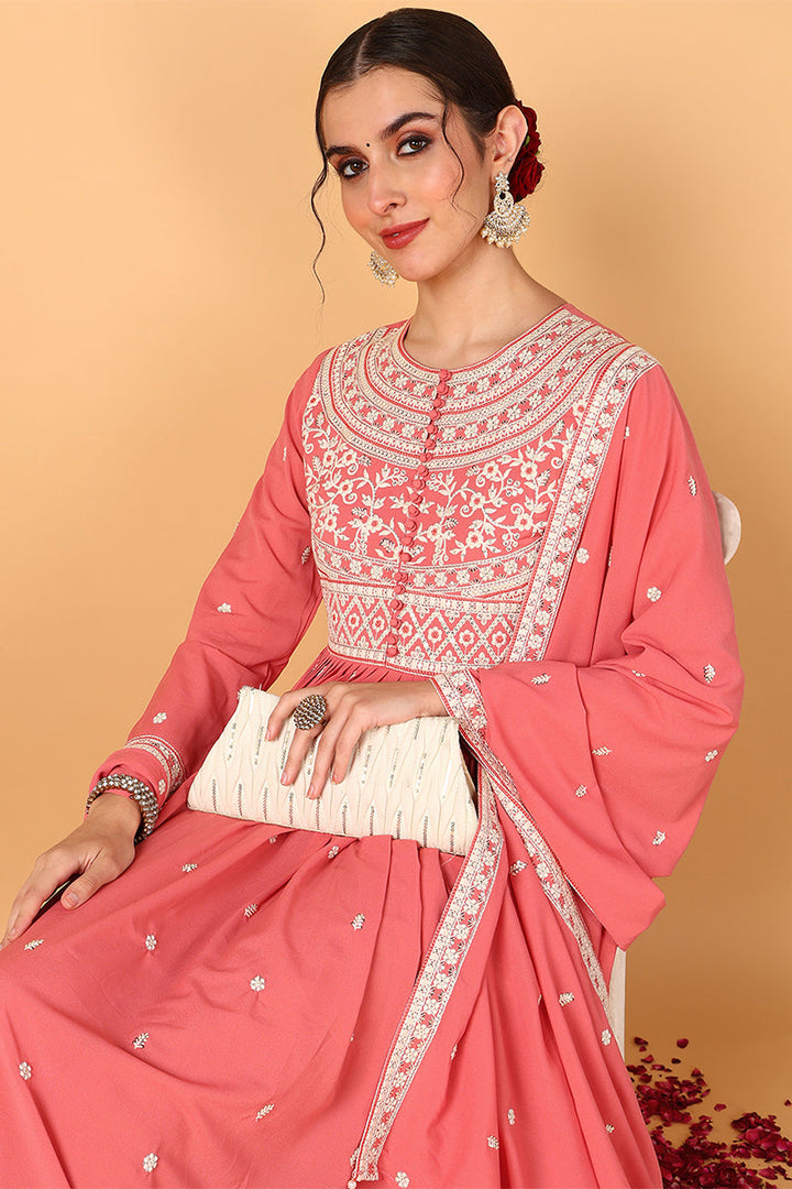 Pink-Georgette-Embroidered-Thread-Work-Anarkali-Set