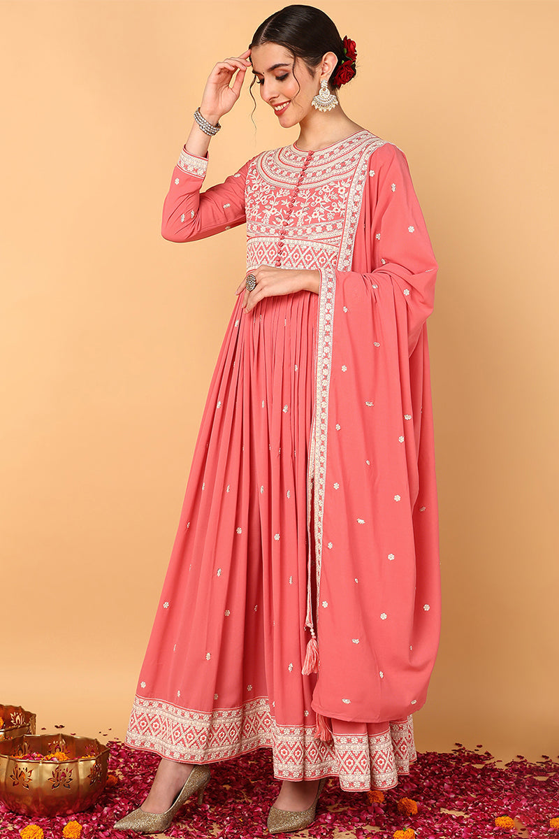 Pink-Georgette-Embroidered-Thread-Work-Anarkali-Set