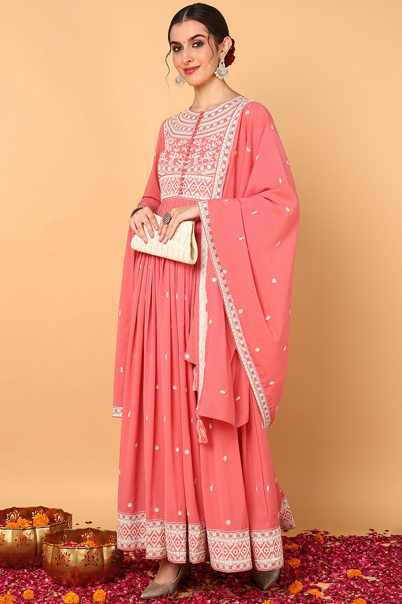 Pink-Georgette-Embroidered-Thread-Work-Anarkali-Set