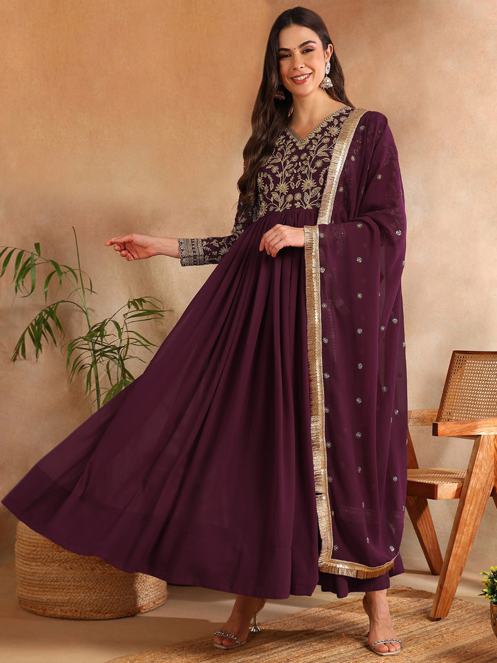 Burgundy Georgette Solid Embroidered Anarkali Set