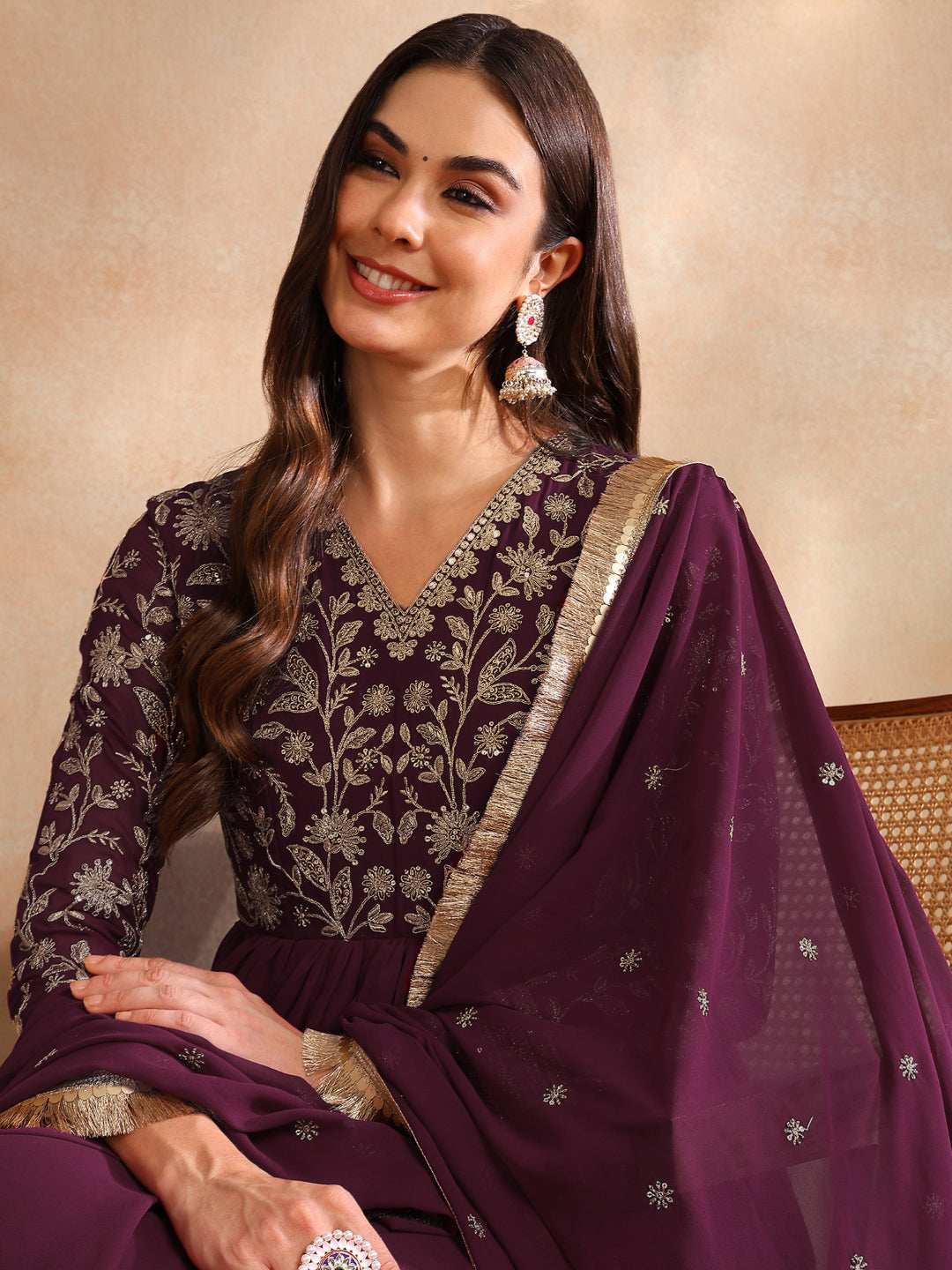 Burgundy Georgette Solid Embroidered Anarkali Set