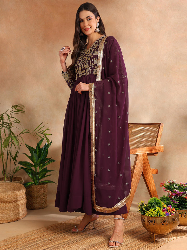 Burgundy Georgette Solid Embroidered Anarkali Set