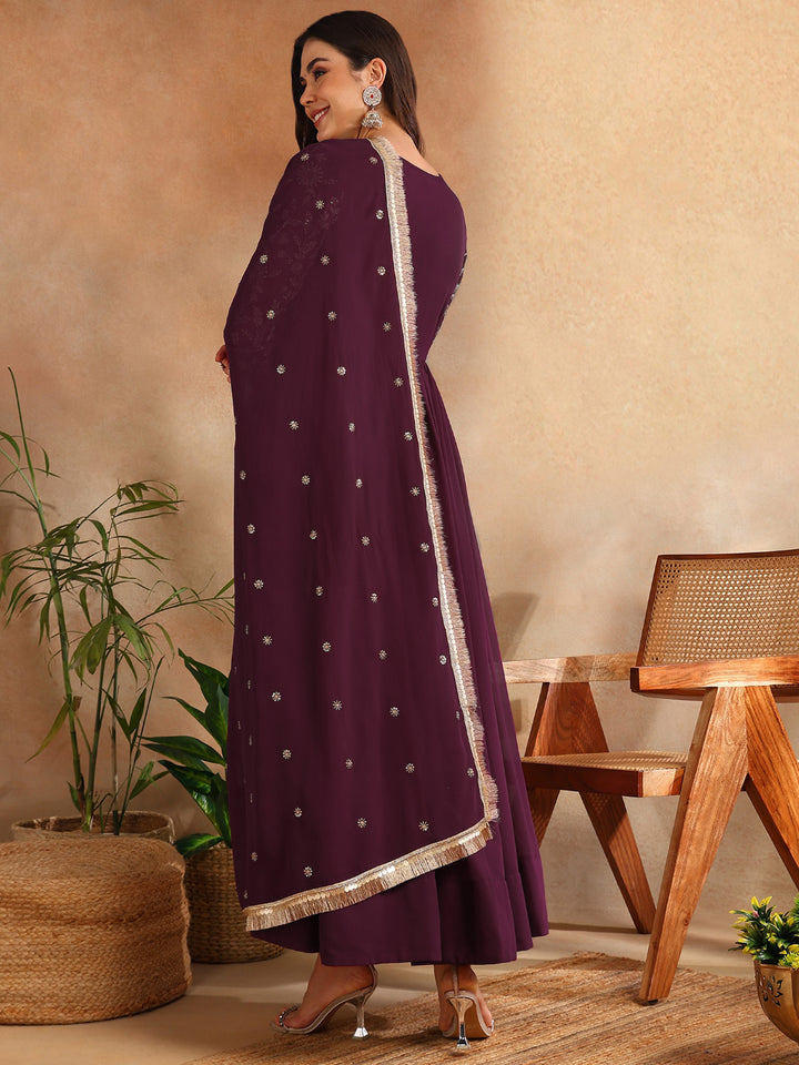 Burgundy Georgette Solid Embroidered Anarkali Set