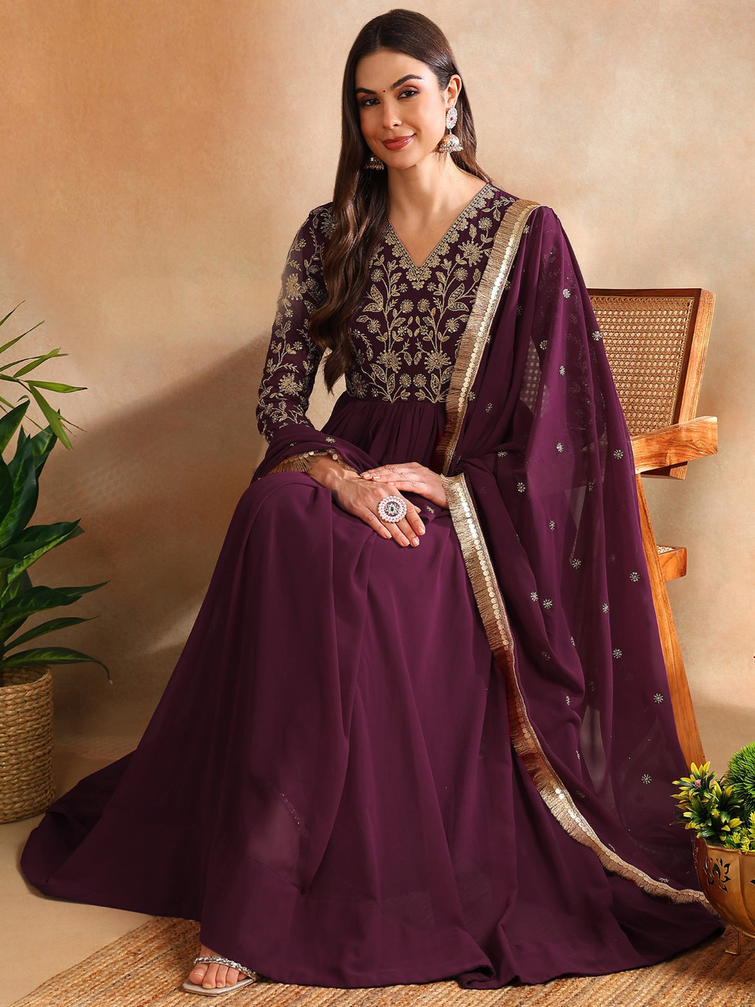 Burgundy Georgette Solid Embroidered Anarkali Set