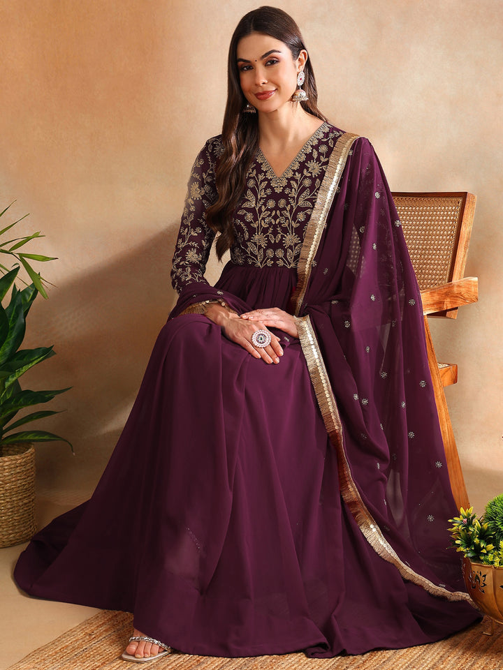 Burgundy Georgette Solid Embroidered Anarkali Set