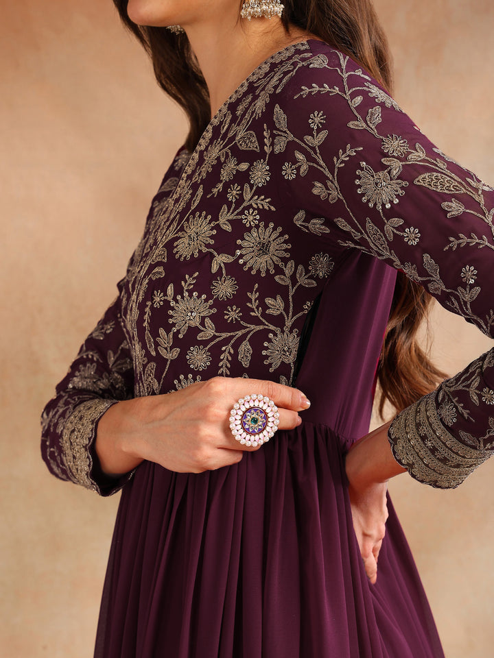 Burgundy Georgette Solid Embroidered Anarkali Set