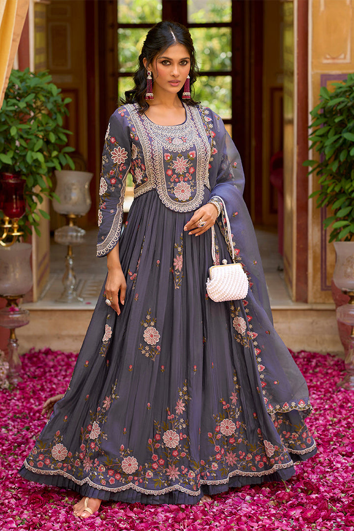 Purple Silk Blend Solid Embroidered Anarkali Gown with Dupatta