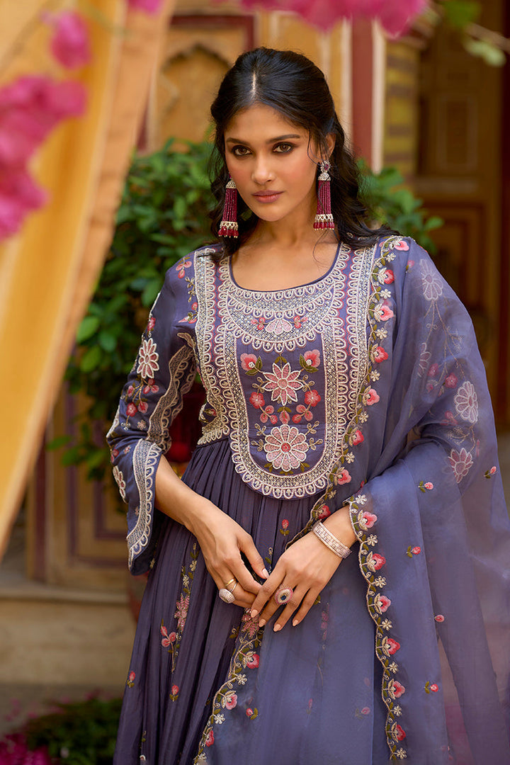 Purple Silk Blend Solid Embroidered Anarkali Gown with Dupatta