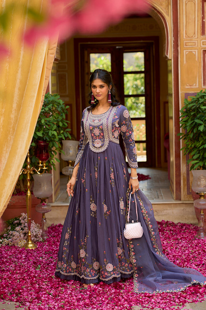 Purple Silk Blend Solid Embroidered Anarkali Gown with Dupatta