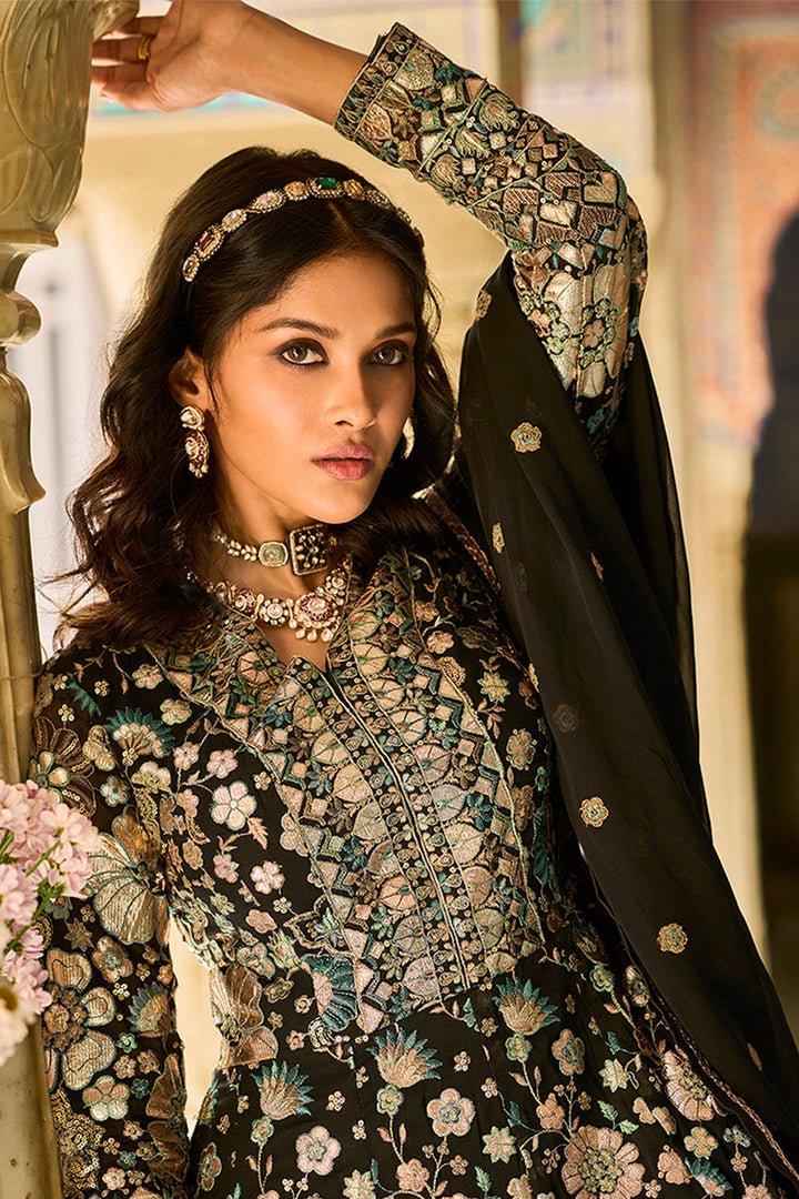 Black Georgette Solid Embroidered Anarkali Gown with Dupatta