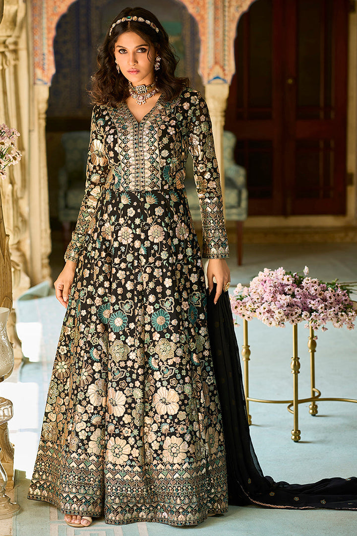 Black Georgette Solid Embroidered Anarkali Gown with Dupatta