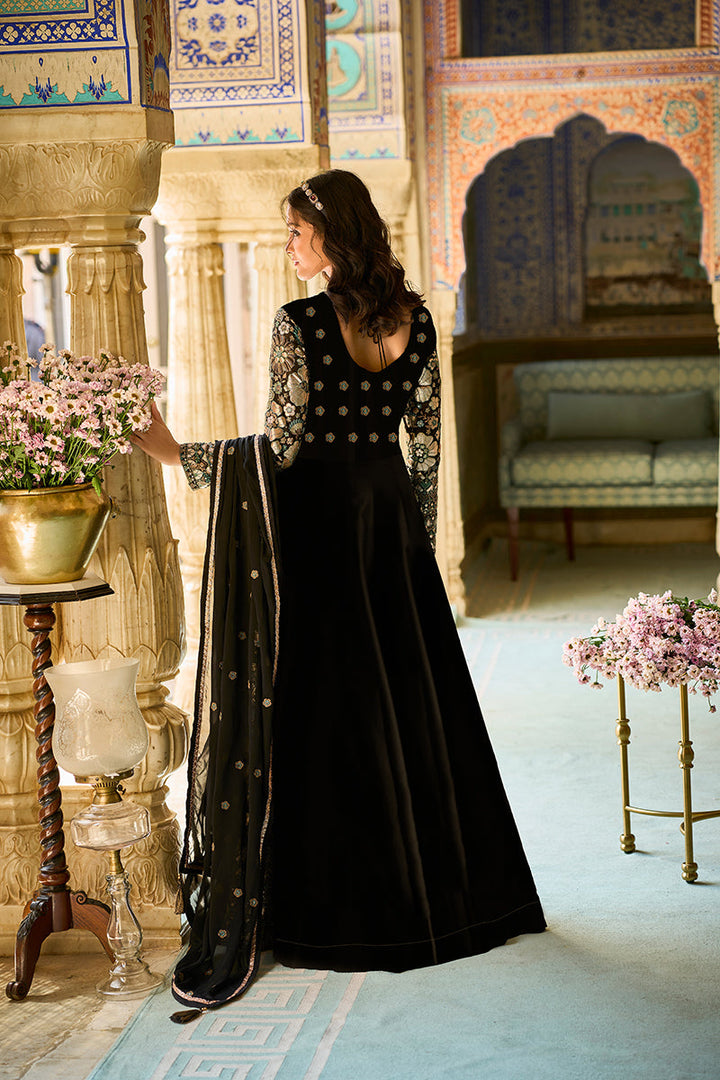 Black Georgette Solid Embroidered Anarkali Gown with Dupatta