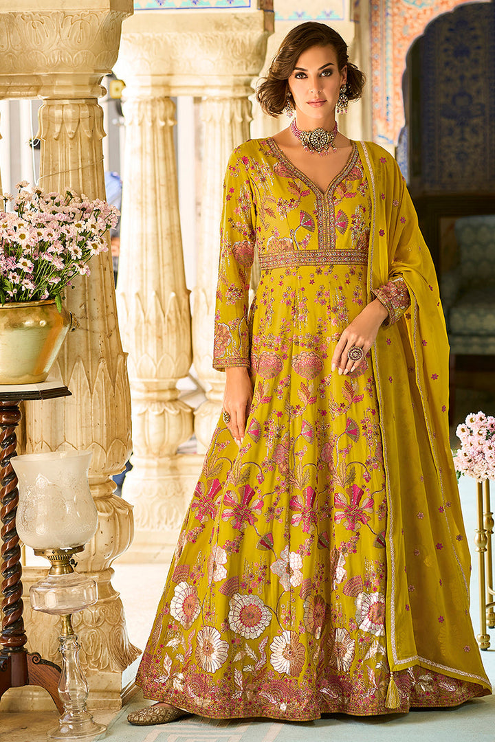 Mustard Georgette Solid Embroidered Anarkali Gown with Dupatta