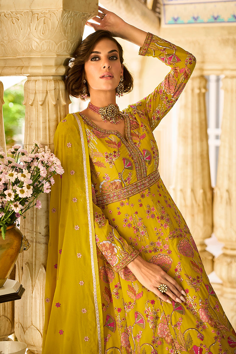 Mustard Georgette Solid Embroidered Anarkali Gown with Dupatta