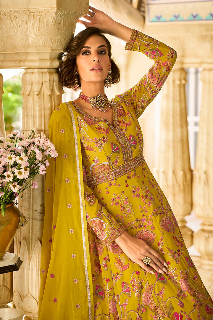 Mustard Georgette Solid Embroidered Anarkali Gown with Dupatta
