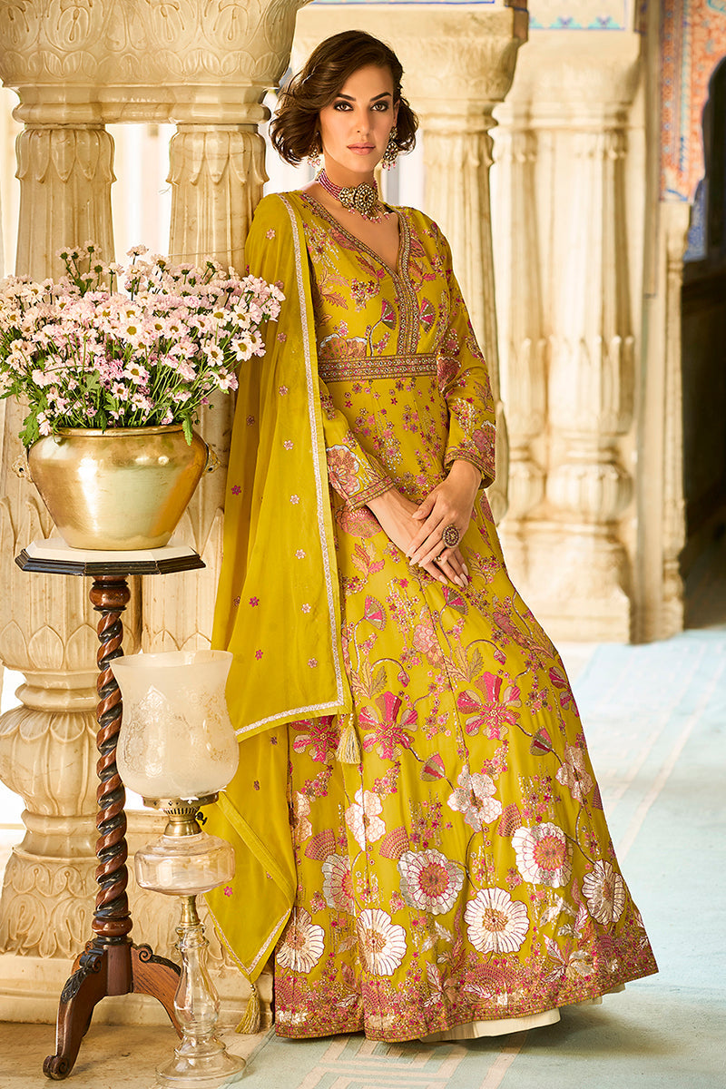 Mustard Georgette Solid Embroidered Anarkali Gown with Dupatta