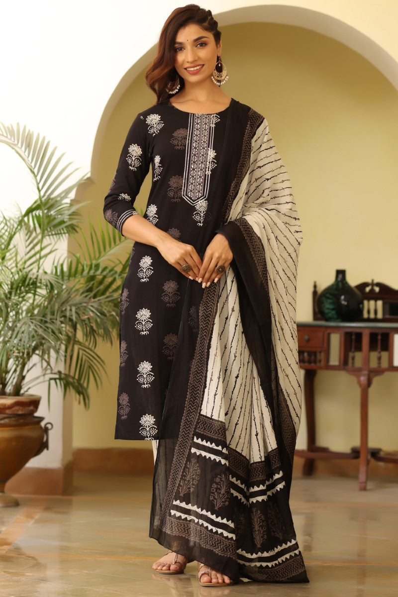 Black-&-White-Printed-Rayon-Blend-Kurta-with-Trousers-&-Dupatta