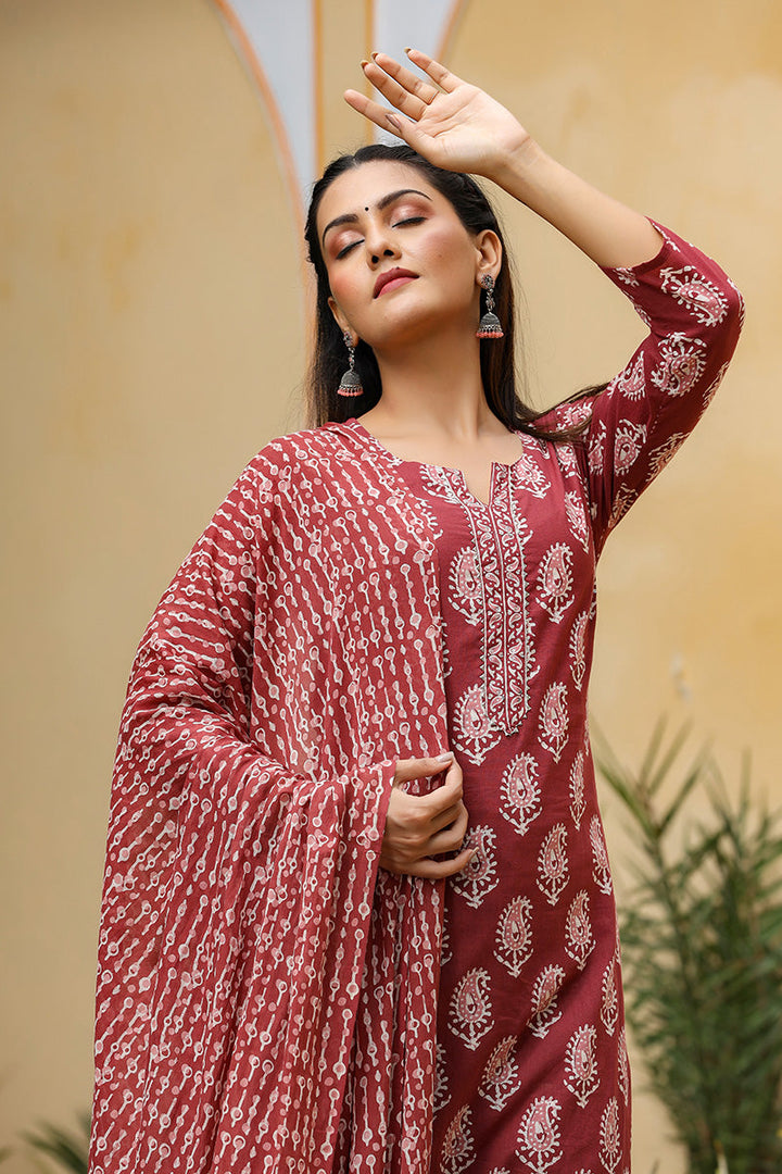 Burgundy-Rayon-Blend-Straight-3-Piece-Kurta-Set