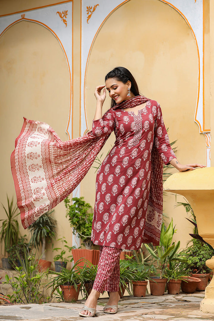 Burgundy-Rayon-Blend-Straight-3-Piece-Kurta-Set