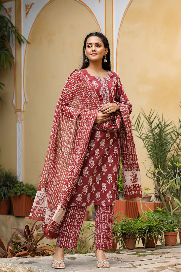 Burgundy-Rayon-Blend-Straight-3-Piece-Kurta-Set
