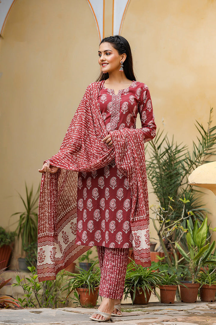 Burgundy-Rayon-Blend-Straight-3-Piece-Kurta-Set