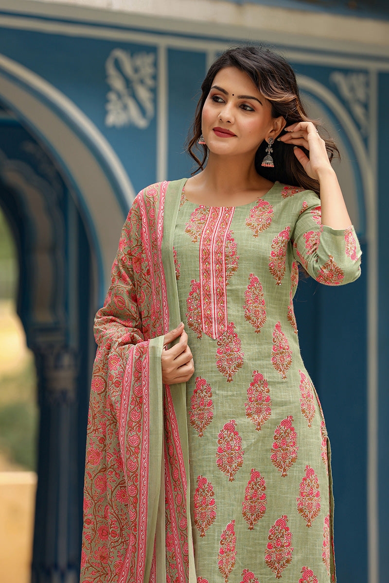 Green-Cotton-Straight-3-Piece-Kurta-Set