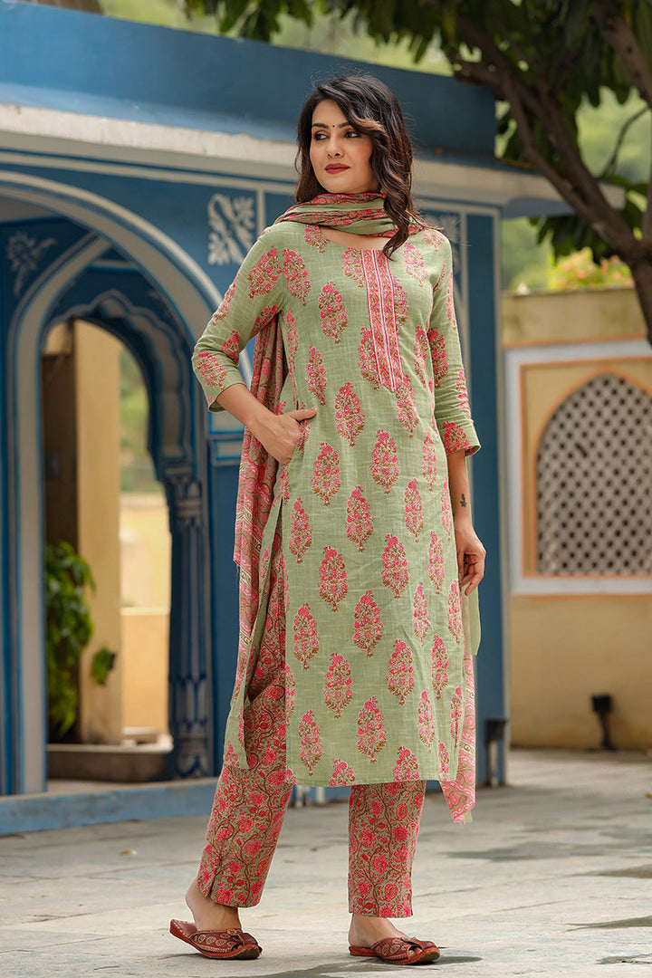 Green-Cotton-Straight-3-Piece-Kurta-Set