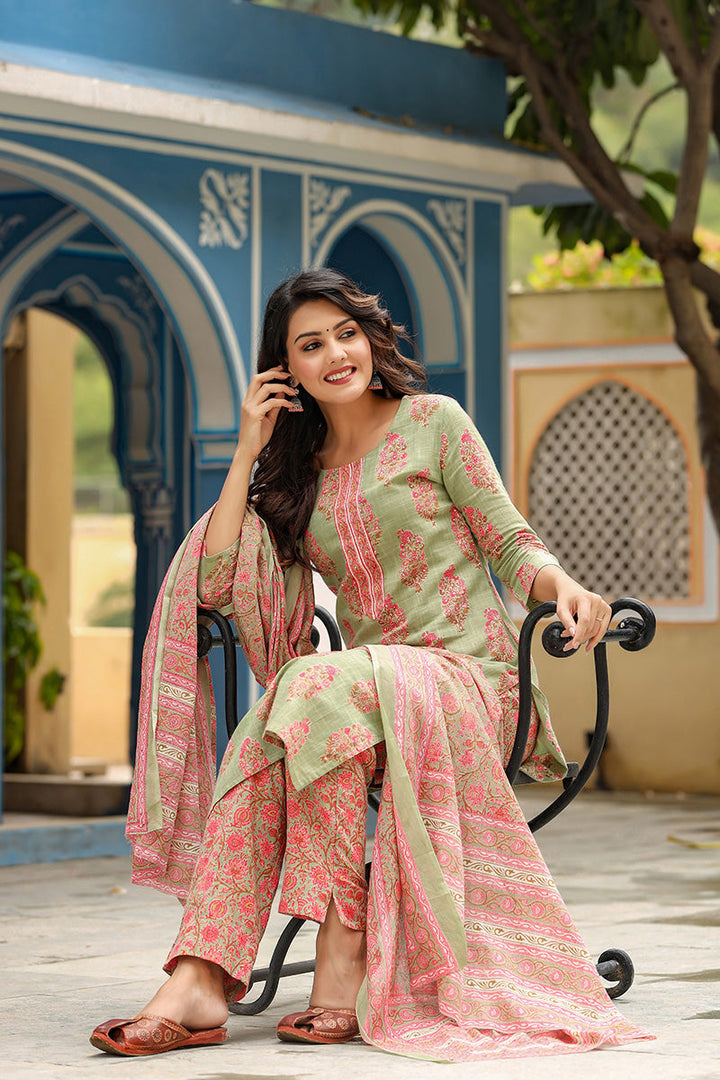 Green-Cotton-Straight-3-Piece-Kurta-Set