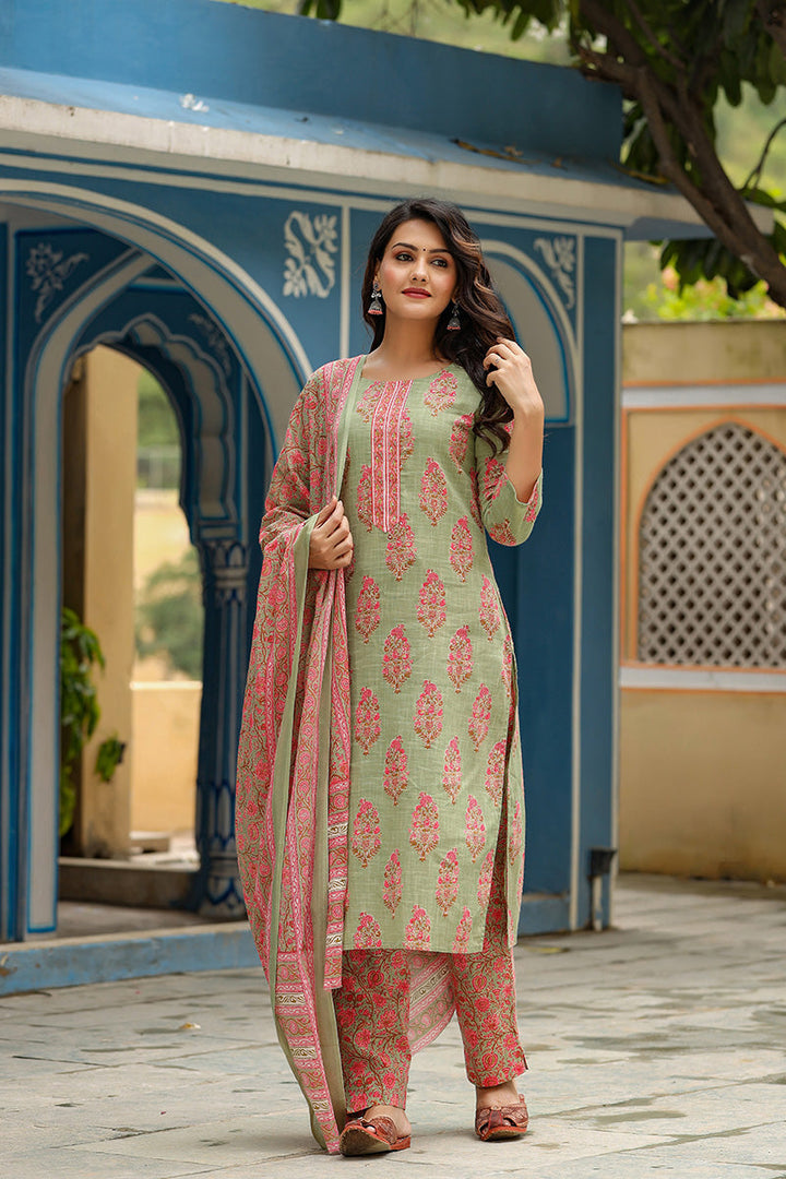 Green-Cotton-Straight-3-Piece-Kurta-Set