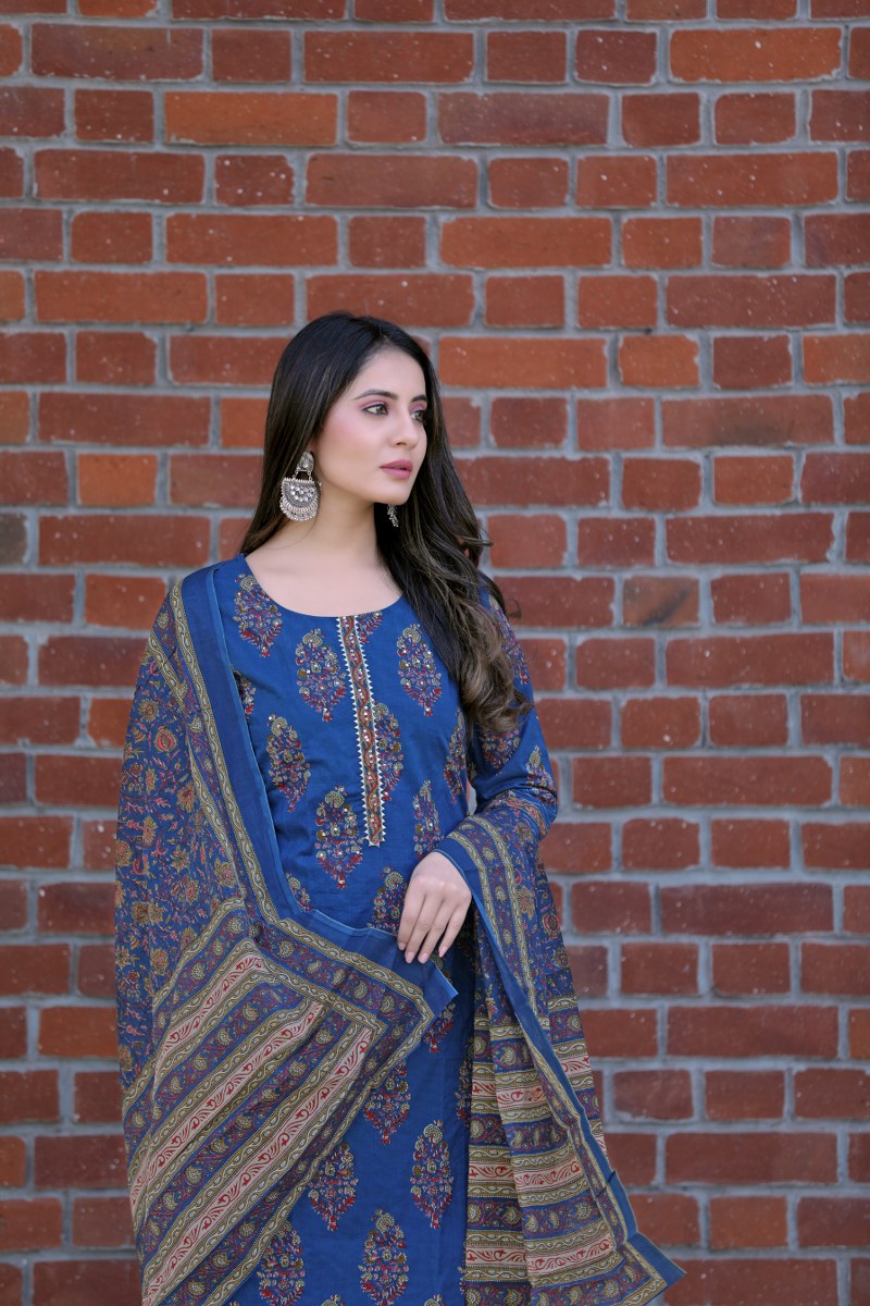Blue-Cotton-Printed-Fancy-3-Piece-Kurta-Set