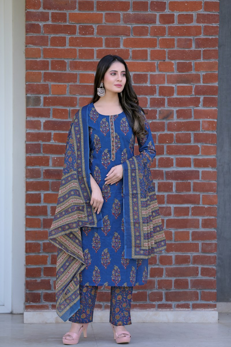 Blue-Cotton-Printed-Fancy-3-Piece-Kurta-Set